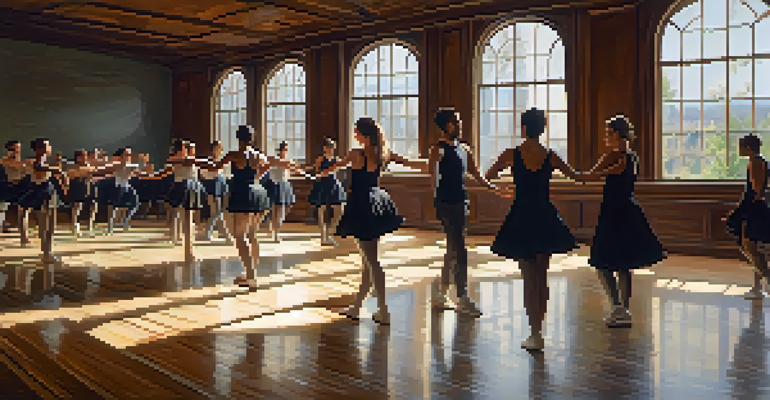 A choreographer guiding a group of diverse dancers in a warm rehearsal space with natural light.