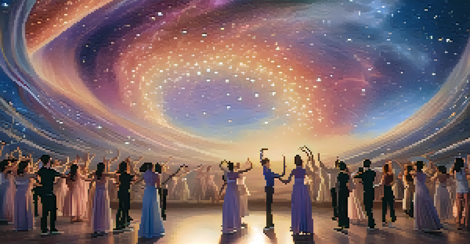 A virtual dance performance in a fantastical landscape with dancers and an interactive audience exploring the space.