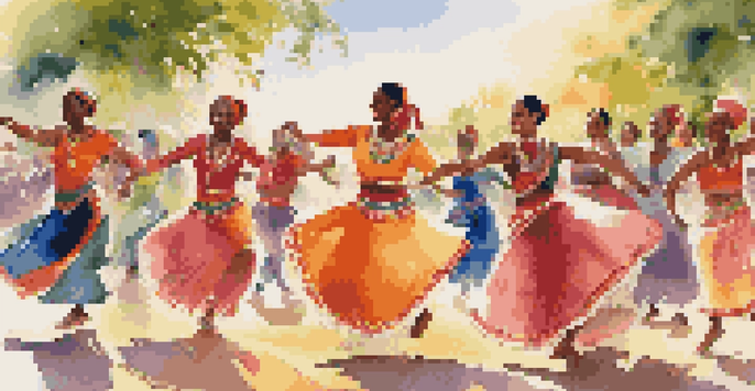 A diverse group of dancers in colorful traditional costumes performing in an outdoor setting, celebrating cultural dance with joy.