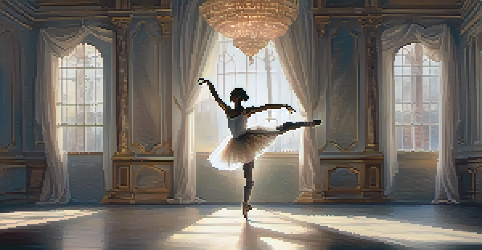 A ballet dancer in a tutu performing gracefully on stage with soft lighting and a dreamy backdrop.