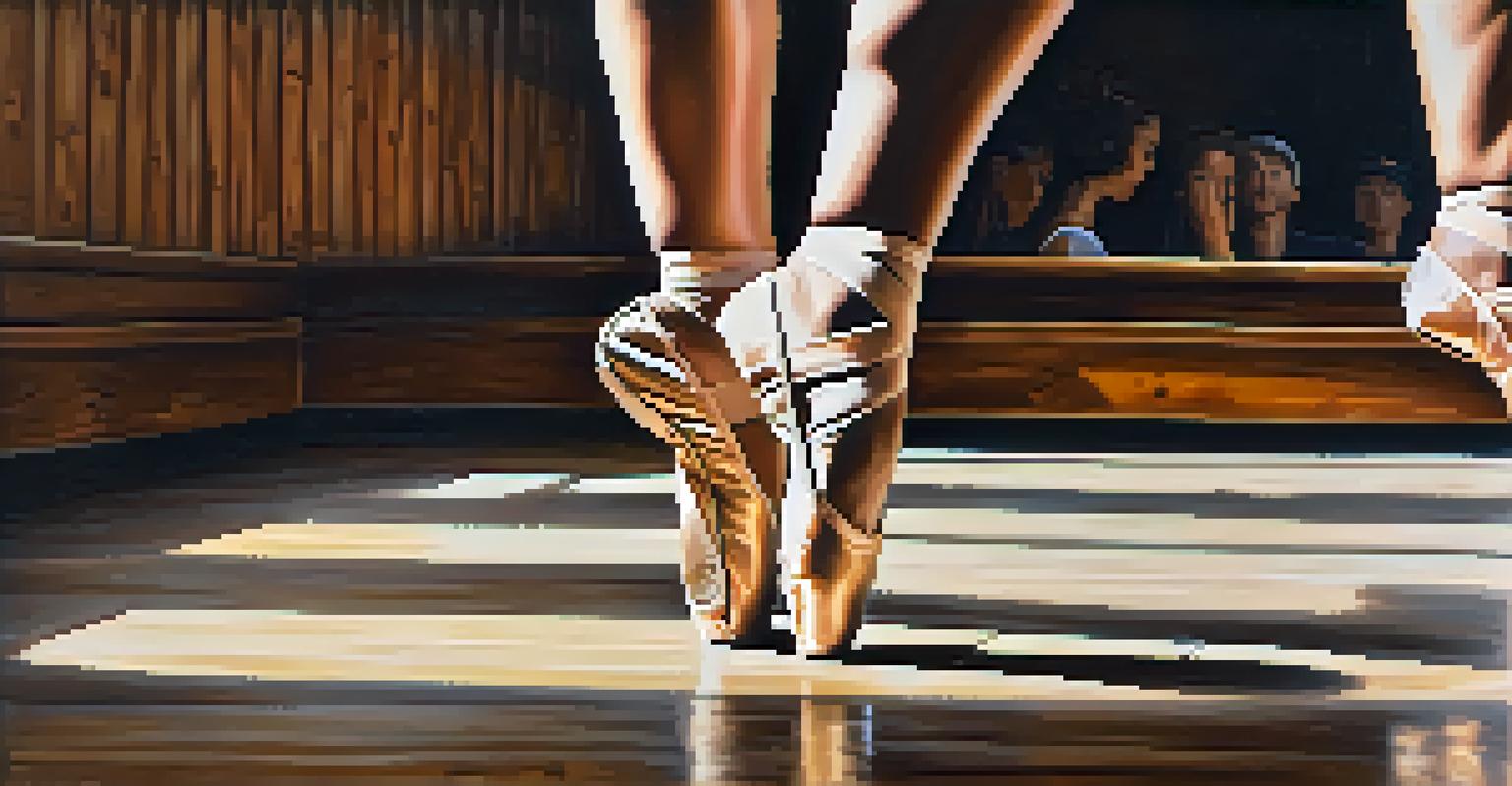A close-up of dancers' feet in motion, featuring ballet shoes and sneakers on a wooden dance studio floor, symbolizing the blend of dance styles.