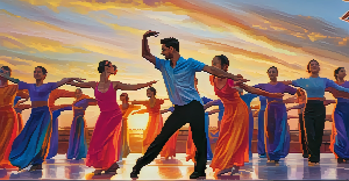 A diverse group of dancers performing on stage at sunset, showcasing vibrant costumes and fluid movements, with an engaged audience applauding in the background.
