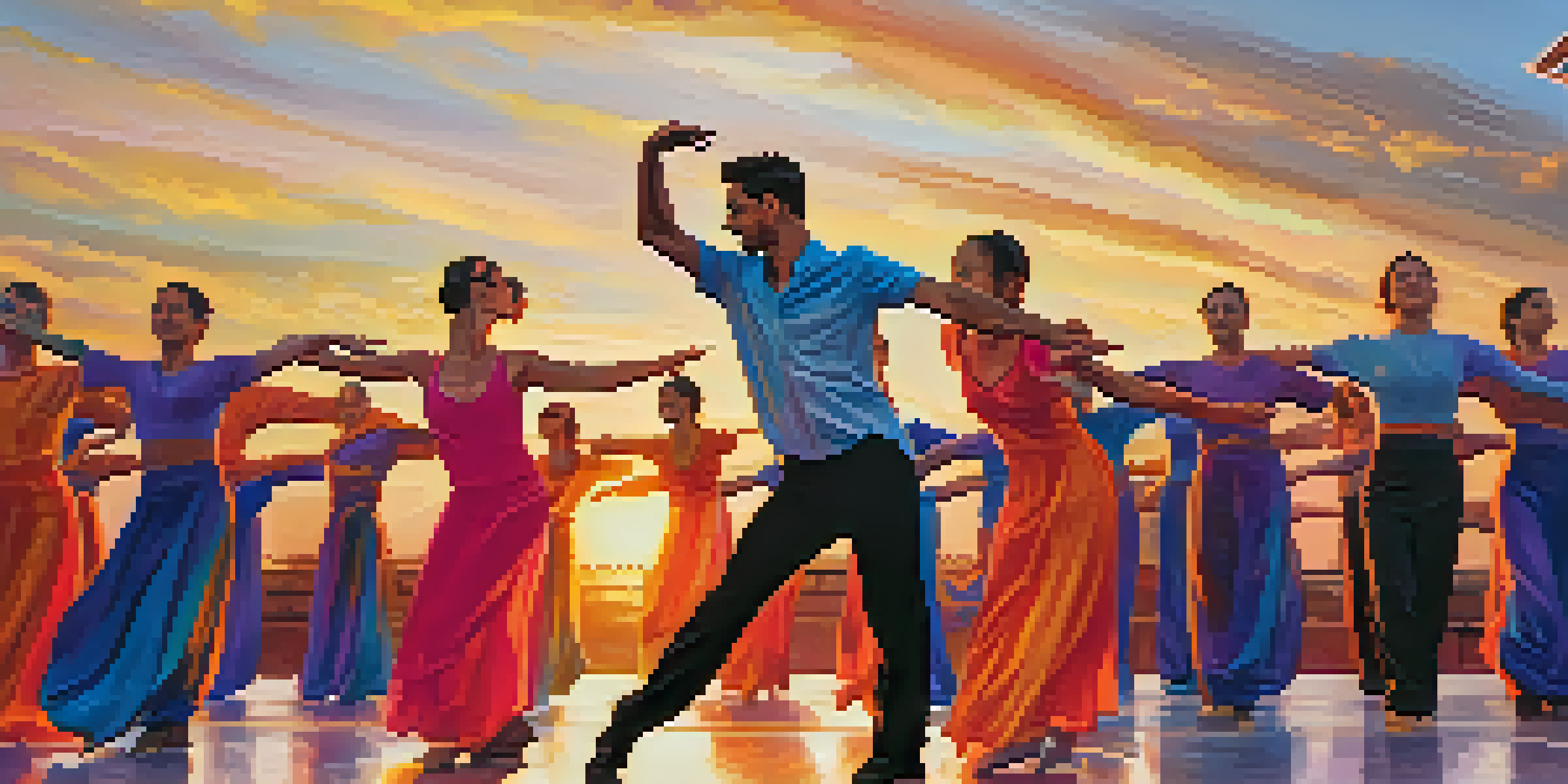 A diverse group of dancers performing on stage at sunset, showcasing vibrant costumes and fluid movements, with an engaged audience applauding in the background.