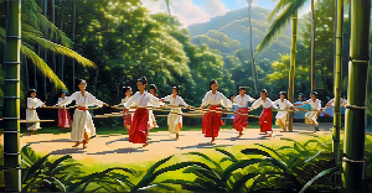 A traditional Filipino Tinikling dance performed outdoors, with dancers maneuvering around bamboo poles in a lush green setting.