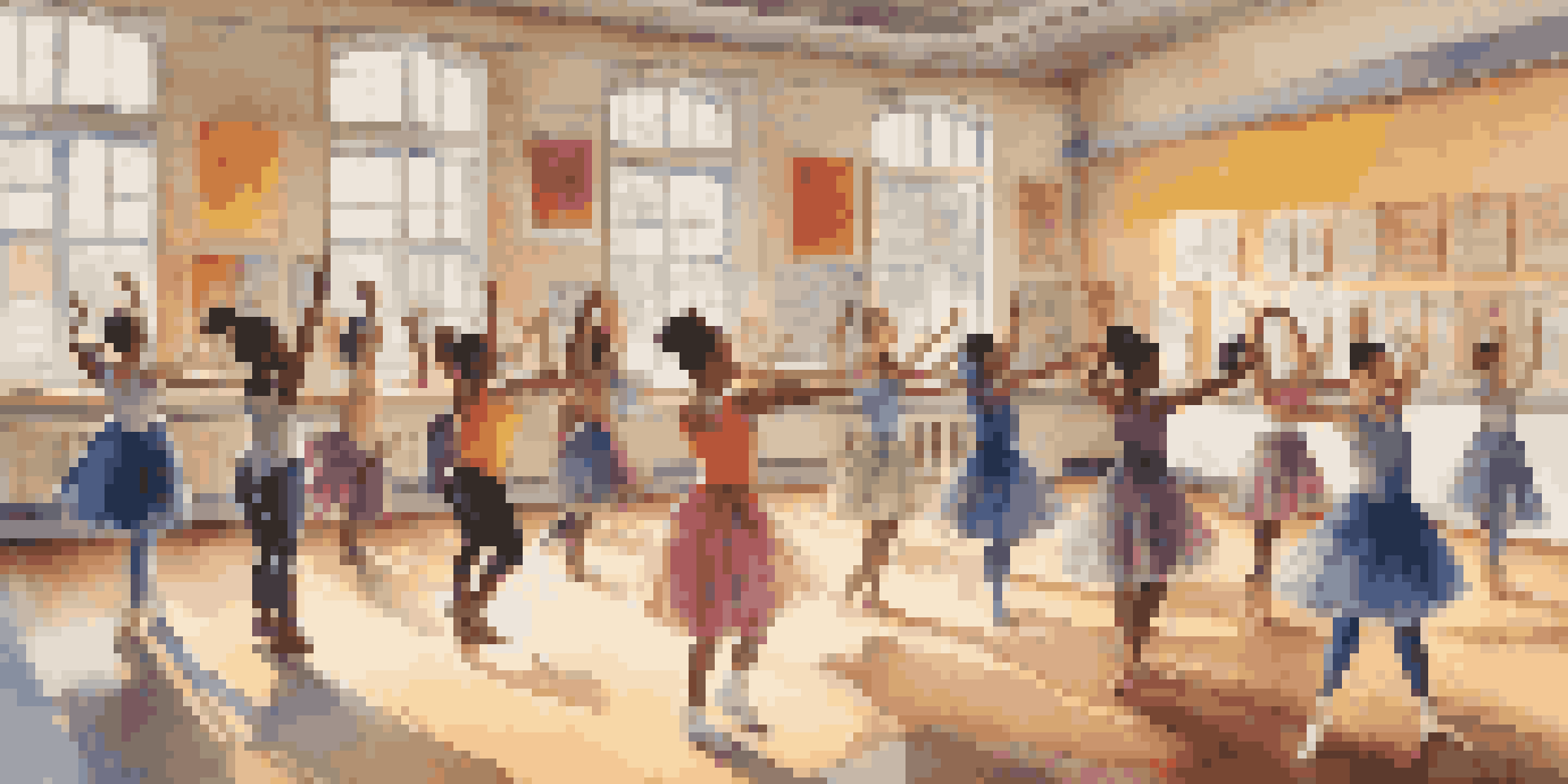 A classroom filled with students of diverse backgrounds discussing and demonstrating dance movements, with colorful posters on the walls.