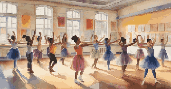 A classroom filled with students of diverse backgrounds discussing and demonstrating dance movements, with colorful posters on the walls.