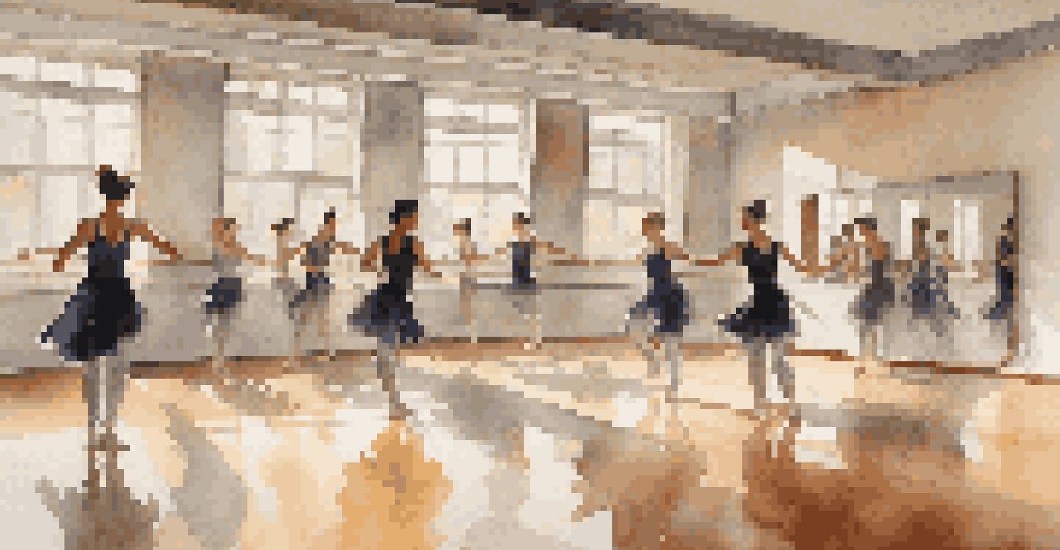 A modern dance studio with a group of male and female dancers practicing in dynamic poses, surrounded by mirrors and natural light.