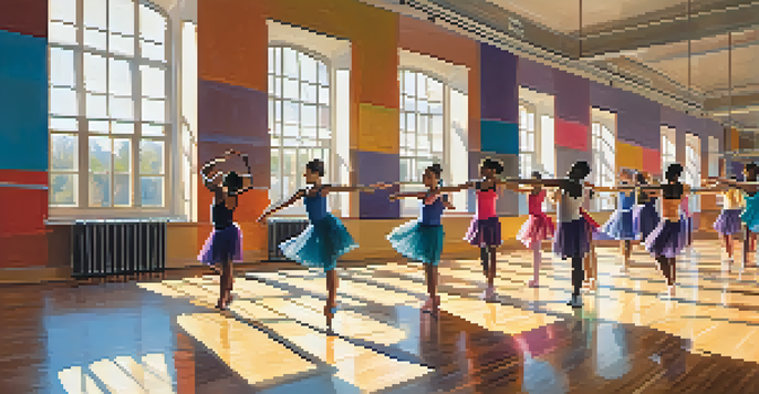 A bright dance studio with diverse dancers practicing together, wearing colorful outfits, and sunlight streaming through large windows.