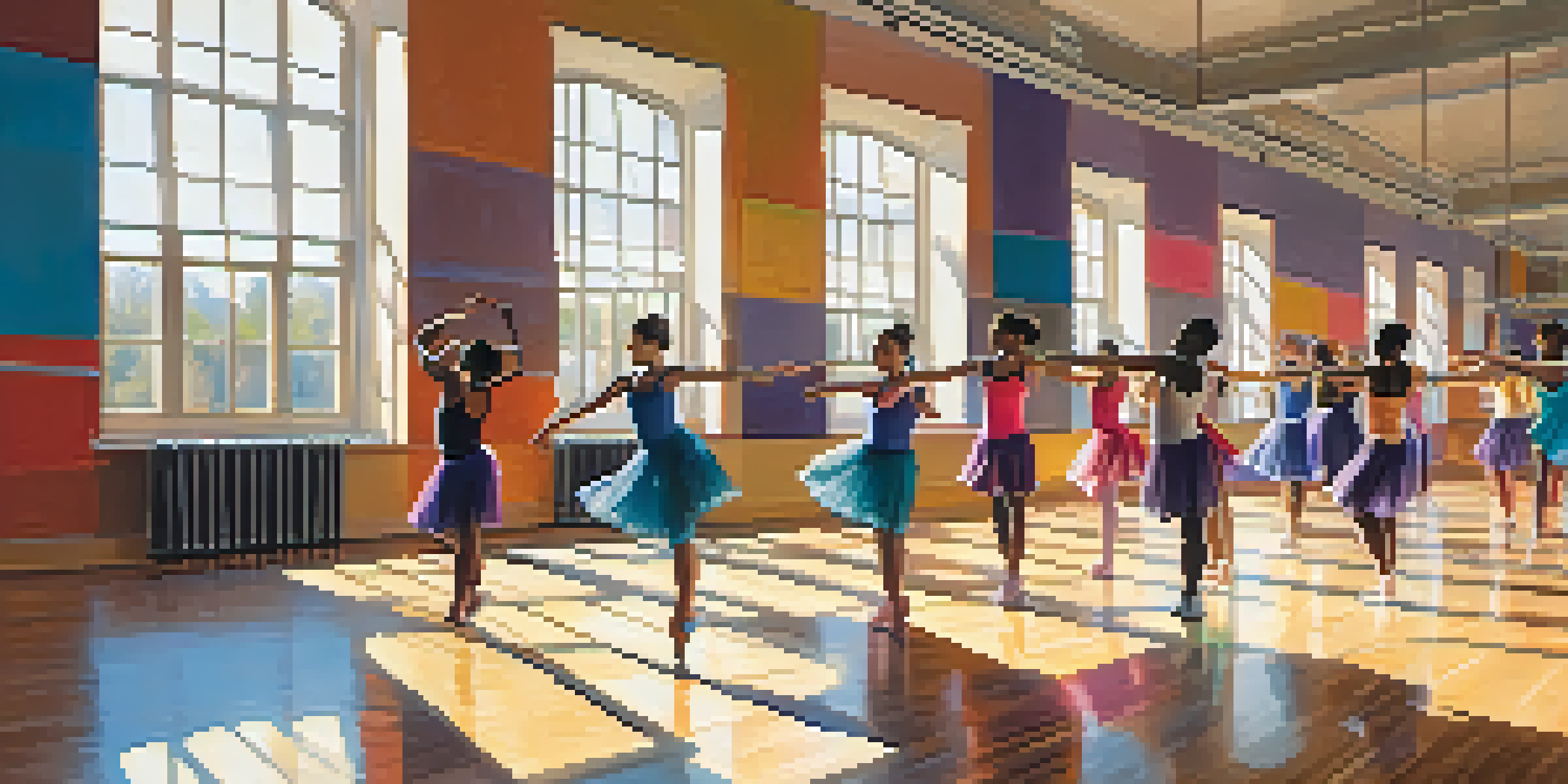 A bright dance studio with diverse dancers practicing together, wearing colorful outfits, and sunlight streaming through large windows.