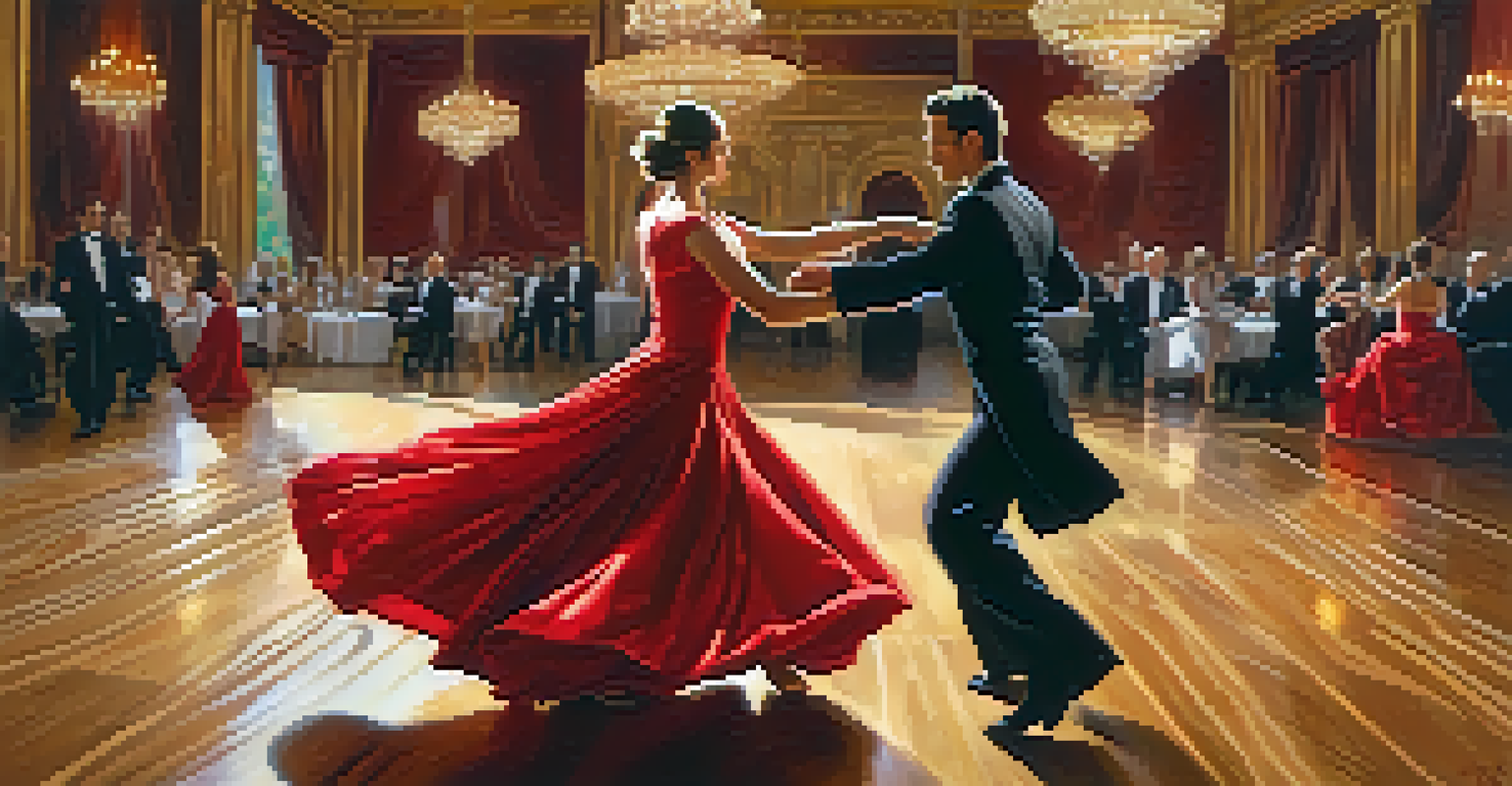 A ballroom dance couple in elegant attire dancing gracefully on a polished floor under soft chandelier lighting.