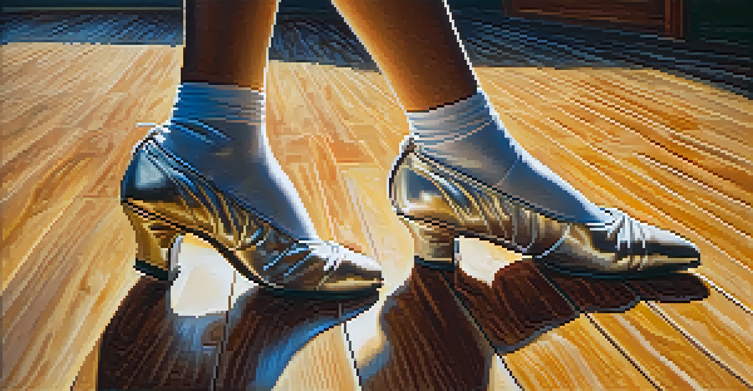 A close-up of a dancer's feet in colorful dance shoes on a wooden floor, with sunlight creating soft shadows in the background.