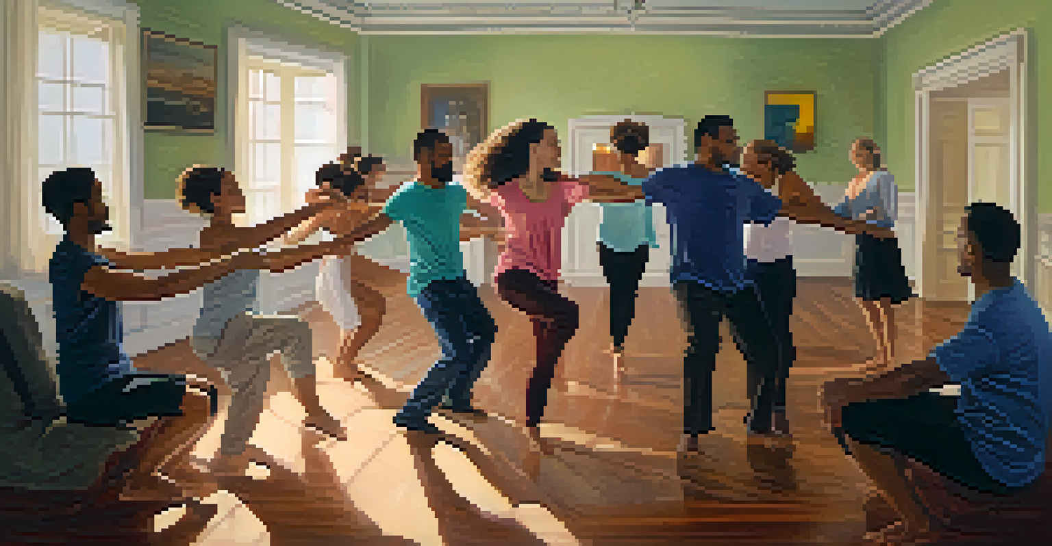 A serene dance therapy session with diverse individuals expressing emotions through movement in a soft-lit room.