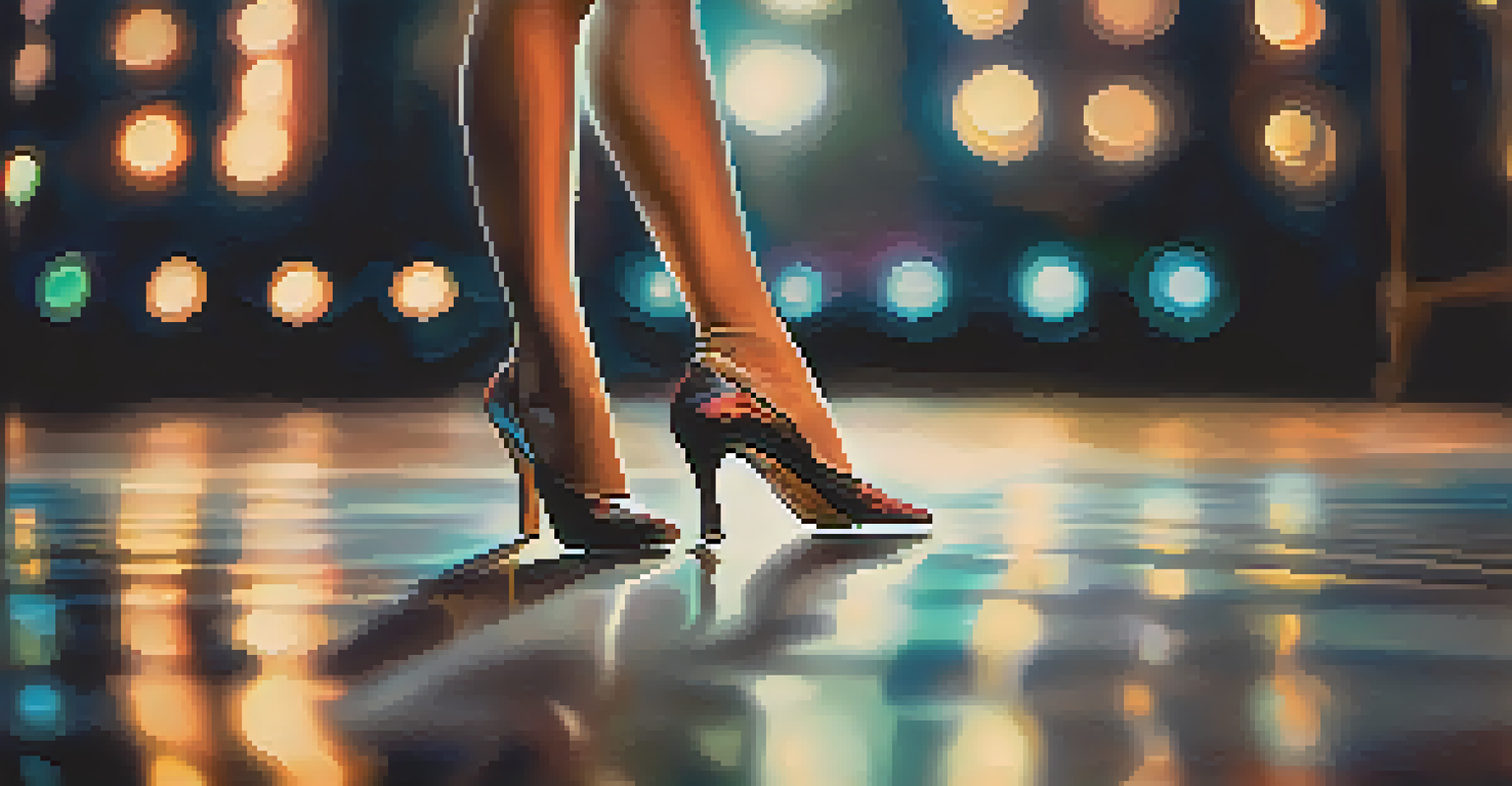 Close-up of a dancer's feet performing intricate footwork on a polished dance floor with colorful stage lighting.