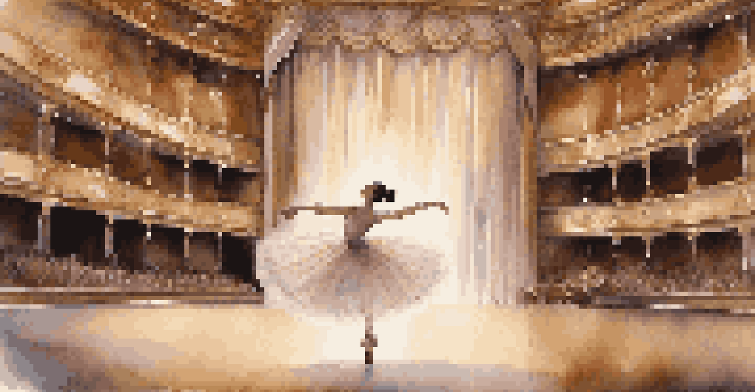 A ballet dancer performing a pirouette on stage in an elegant theater, with a softly lit backdrop and an ornate curtain.