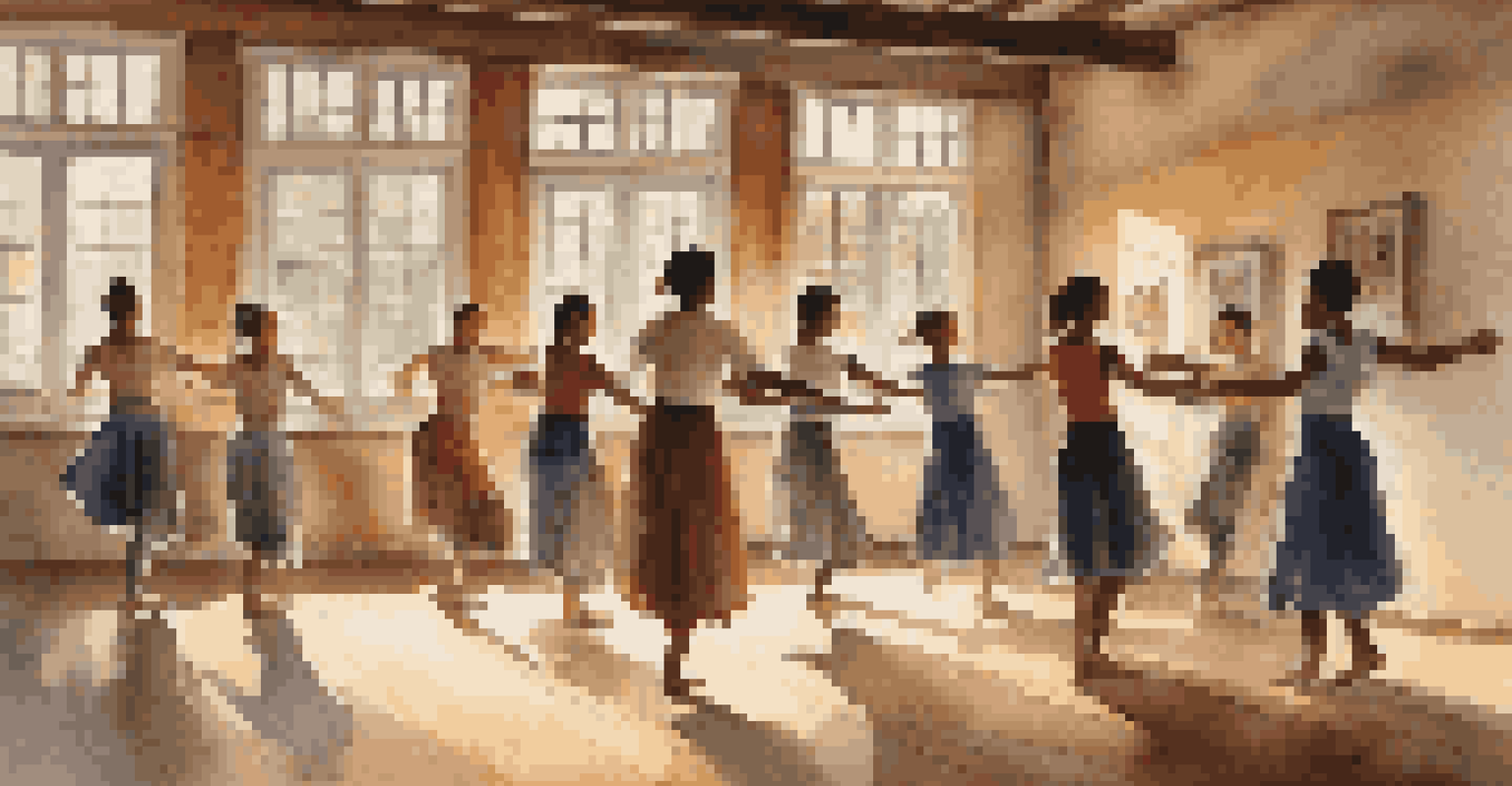 A workshop with young dancers learning a traditional folk dance from an instructor in a sunlit room filled with cultural artifacts.