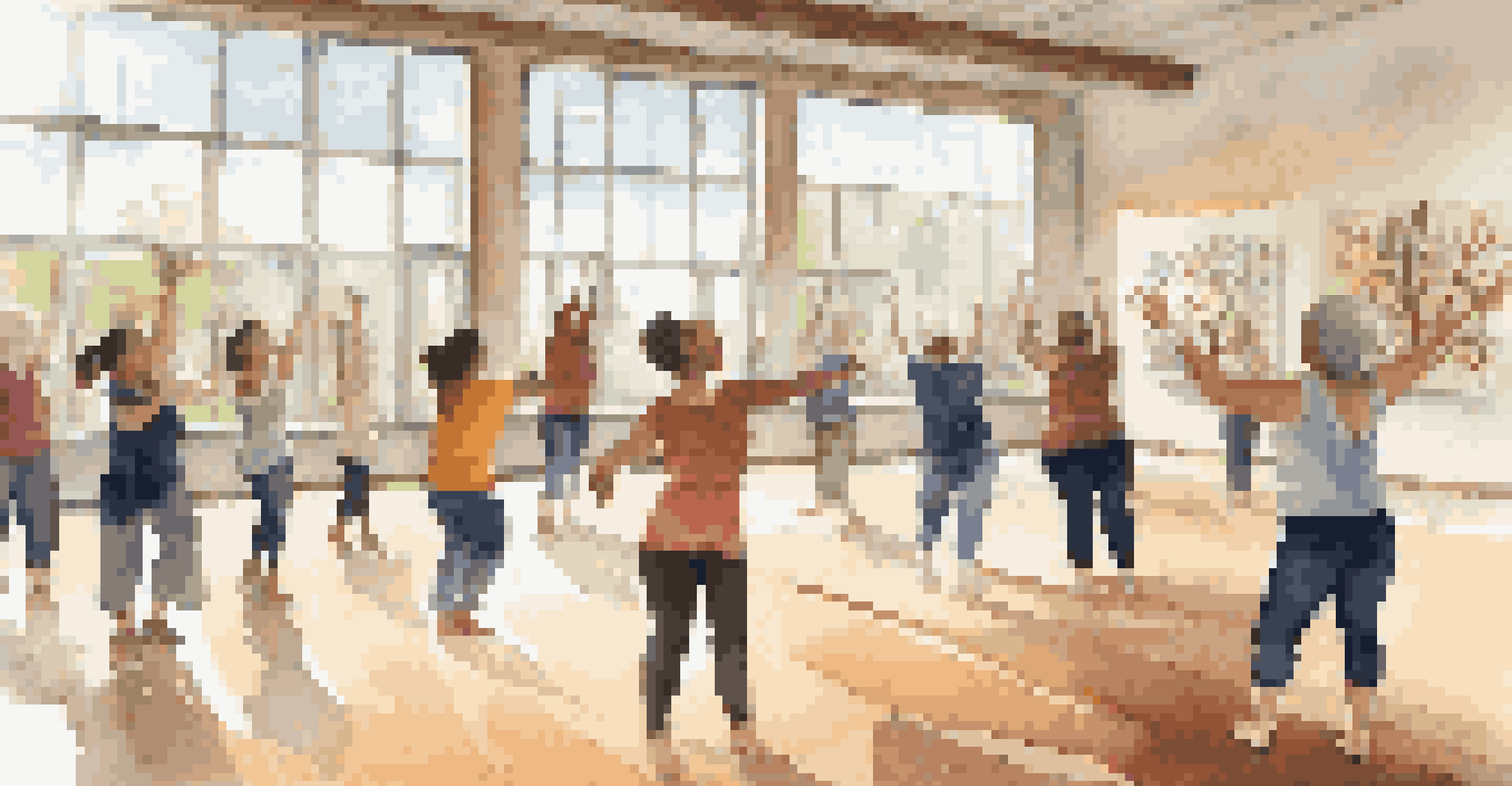 A community dance workshop with participants of various ages practicing movements, surrounded by eco-friendly art and bright, natural light.