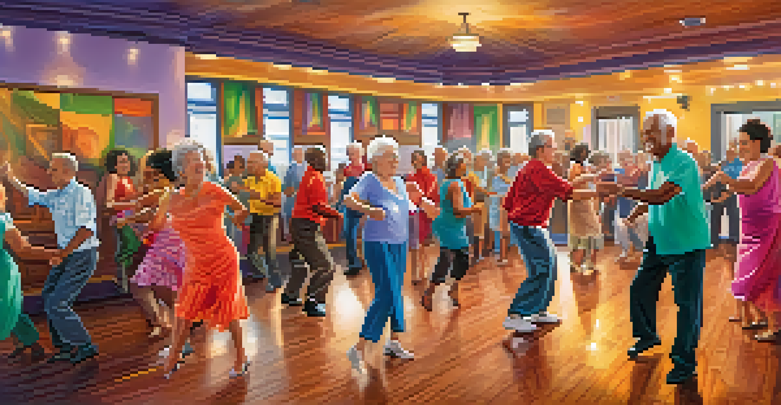 A lively salsa dance class with older adults smiling and enjoying themselves in colorful outfits.