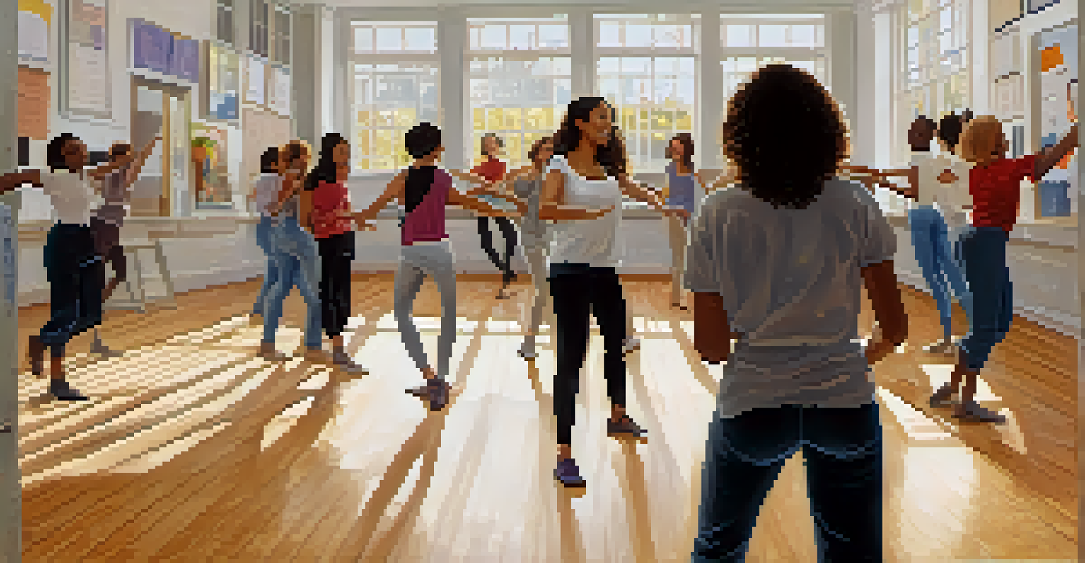 A diverse group of students in a dance education workshop, with an instructor demonstrating a move in a bright and spacious classroom.