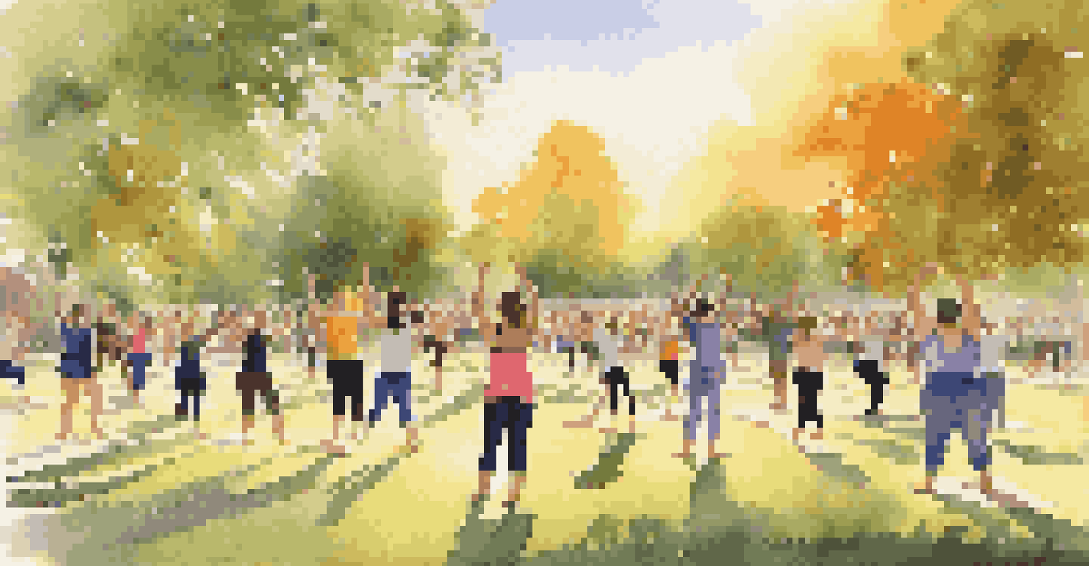 An outdoor dance class in a park during sunset, with diverse participants learning choreography.