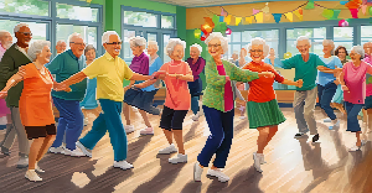 Seniors enjoying a social dance class at a community center, smiling and engaging with each other.