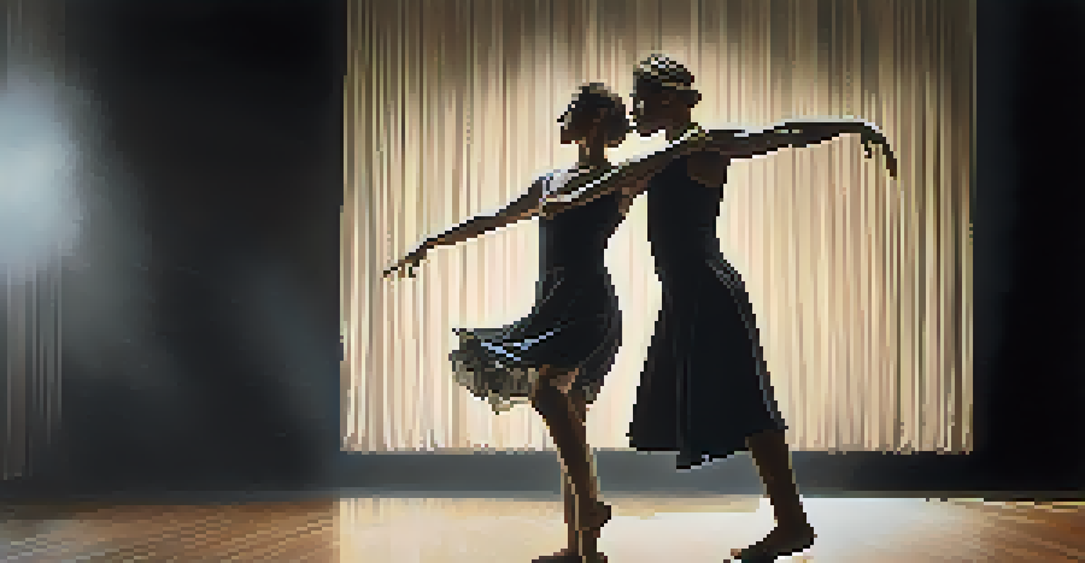 Two contemporary dancers performing a slow, emotional duet on a dimly lit theater stage, with soft shadows and a spotlight focusing on them.