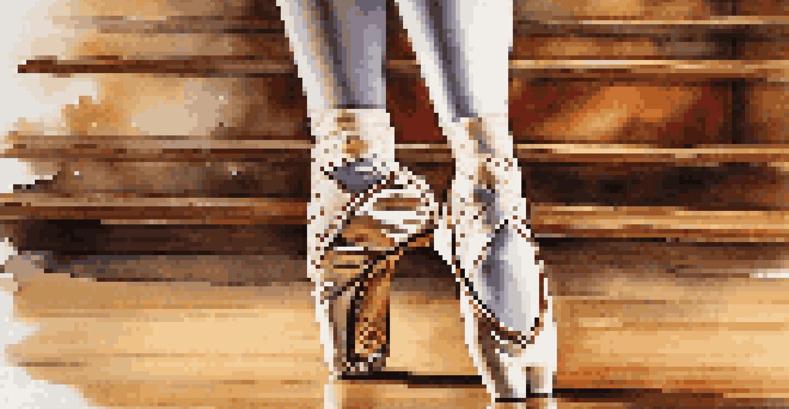 A close-up of a dancer's feet in motion on a wooden stage, focusing on dance shoes and graceful movements.