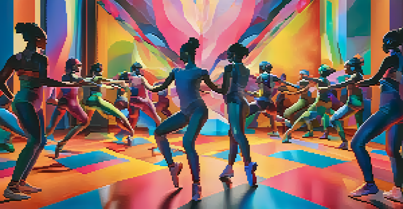 A virtual dance rehearsal with digital avatars and real dancers, set against a colorful changing background.