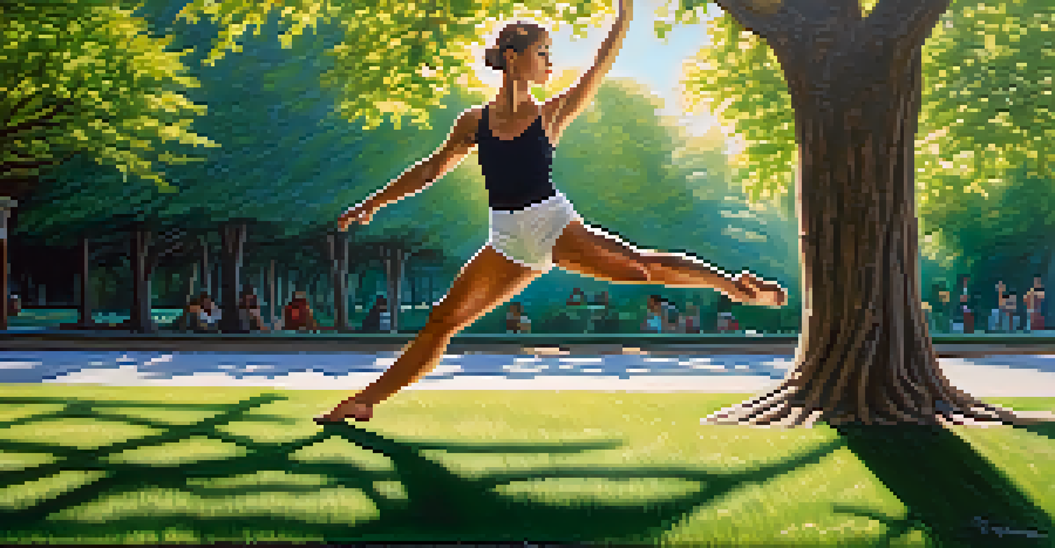 A dancer practicing outdoors in a park under sunlight, demonstrating strength and flexibility amidst greenery.