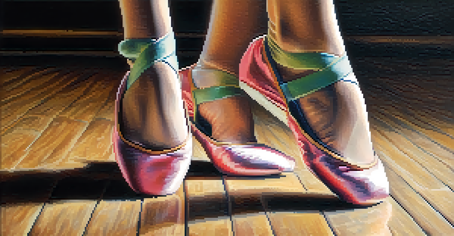 A close-up of a dancer's feet in colorful shoes in a ballet pose on a wooden stage, with soft lighting enhancing the elegance.