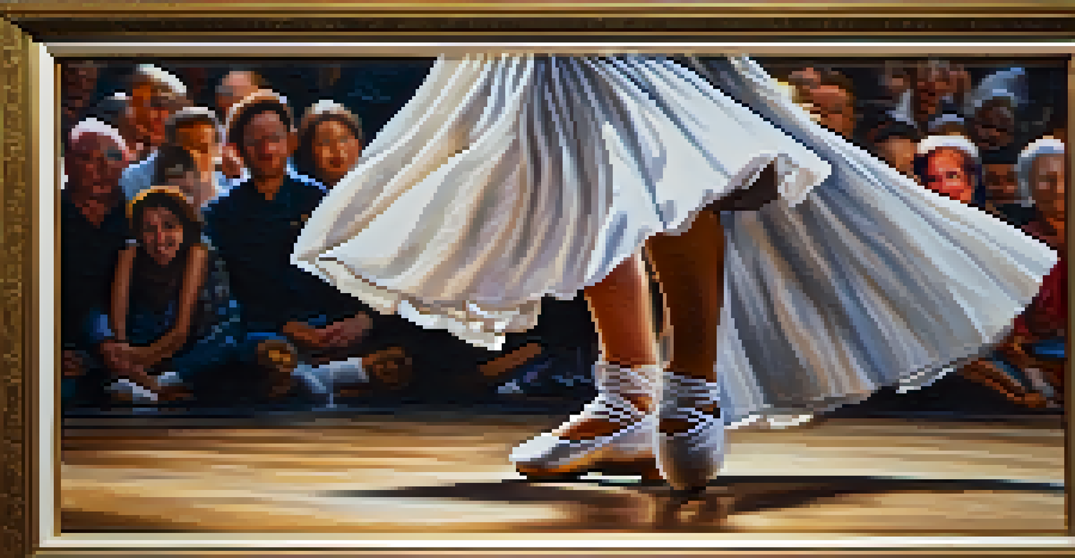 A close-up of a dancer's feet in traditional footwear performing a folk dance, capturing the texture of the dance floor and the movement's energy.