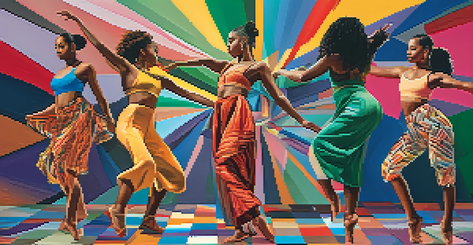 A digital collage of dancers from various backgrounds in unique poses, symbolizing their individual stories and experiences, against an abstract colorful background.