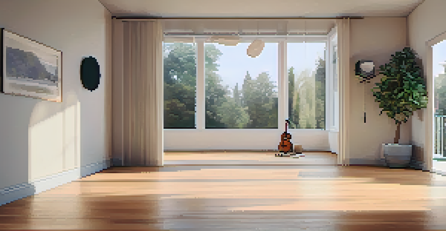 A cozy home dance space with a large mirror, natural light, and personal artwork, inviting joyful movement.