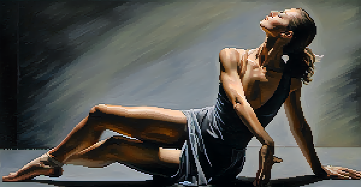 A contemporary dancer in a fluid pose against a dark background, conveying themes of loss.