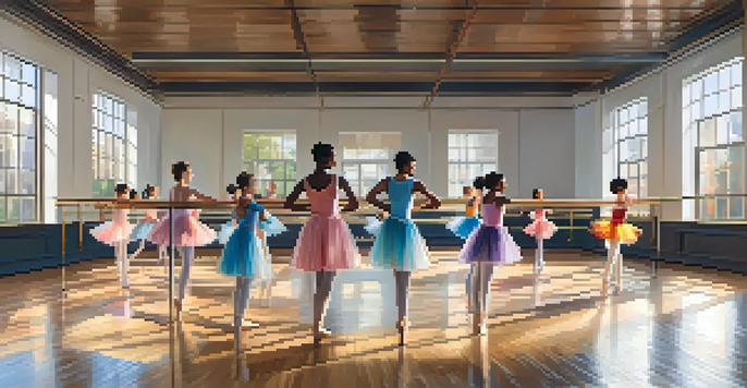 A diverse group of ballet students practicing in a bright dance studio with large windows and polished wooden floors.