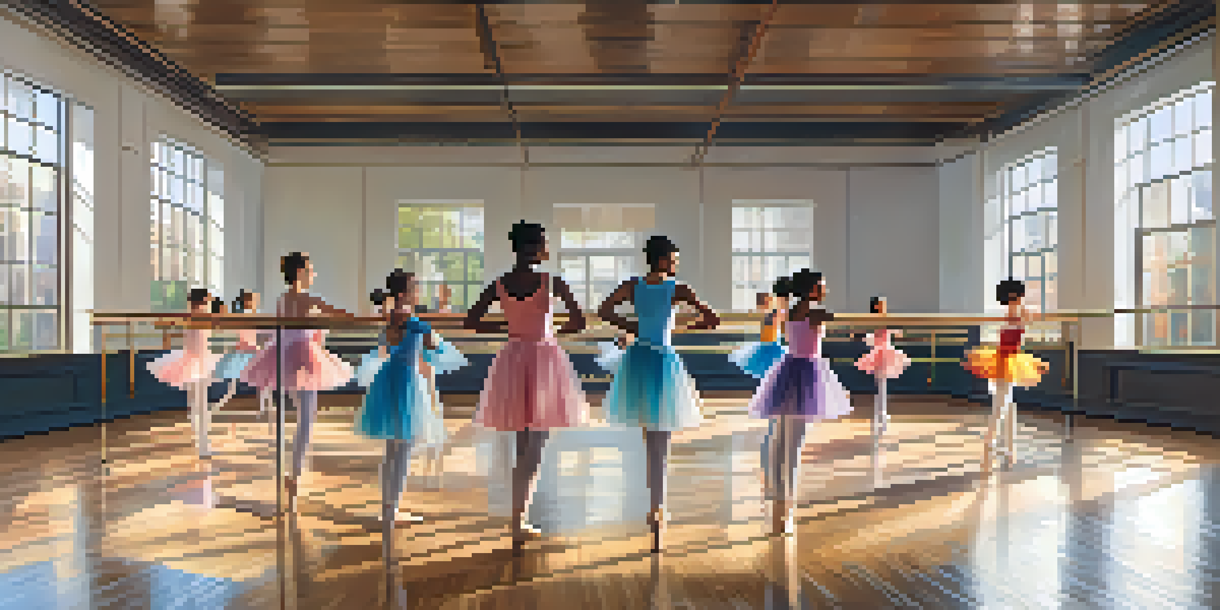A diverse group of ballet students practicing in a bright dance studio with large windows and polished wooden floors.