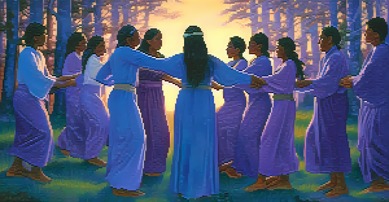 A small group of individuals holding hands and swaying gently in a circle during an Indigenous healing dance at twilight.