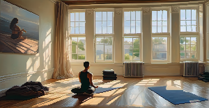 An actor practicing breath control exercises in a serene rehearsal space with a book on their stomach, illuminated by natural light.
