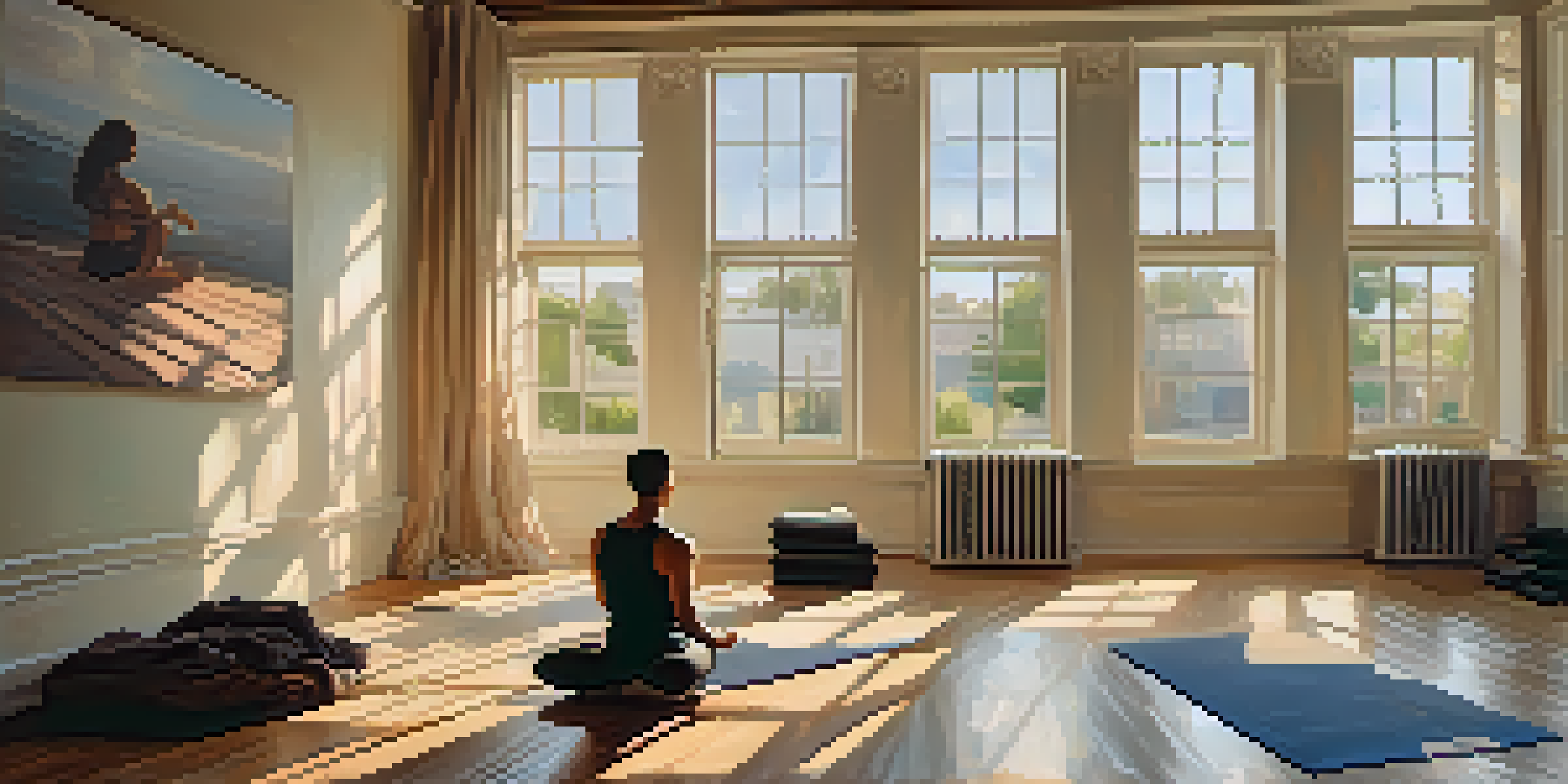 An actor practicing breath control exercises in a serene rehearsal space with a book on their stomach, illuminated by natural light.