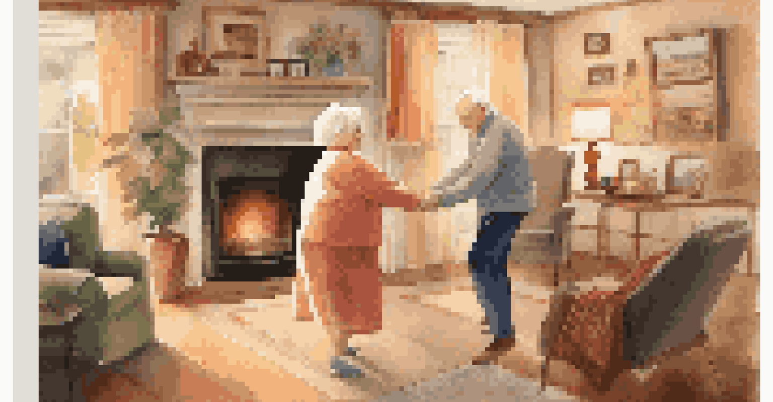 An elderly couple dancing joyfully in a warm and cozy living room, surrounded by personal touches and family memories.