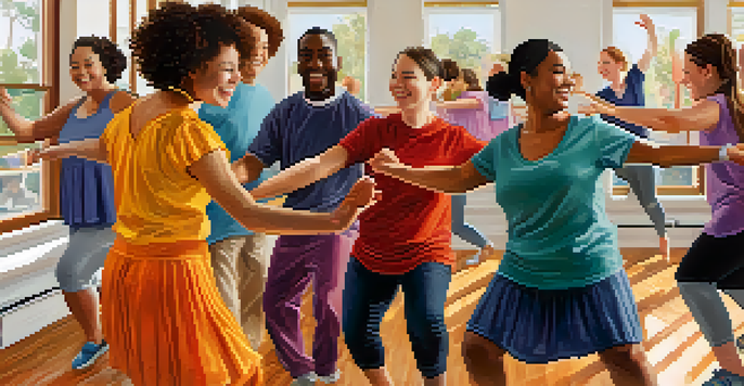 A diverse group of individuals with disabilities joyfully dancing in a bright and welcoming studio, expressing happiness and movement.
