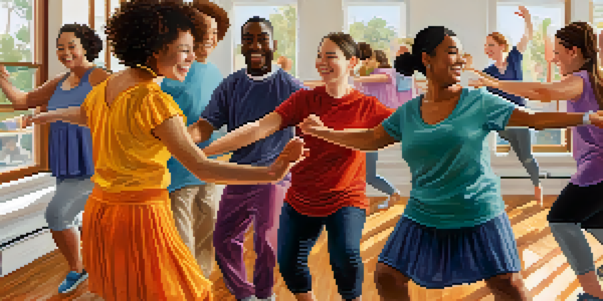 A diverse group of individuals with disabilities joyfully dancing in a bright and welcoming studio, expressing happiness and movement.