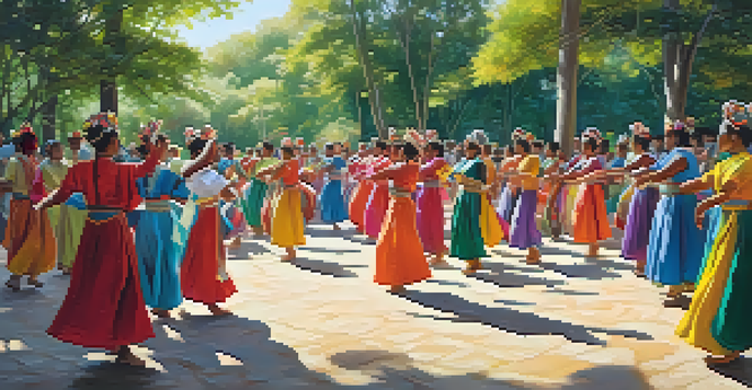 A lively outdoor dance ceremony with dancers in colorful costumes, surrounded by nature. Sunlight filters through trees, creating patterns on the ground.