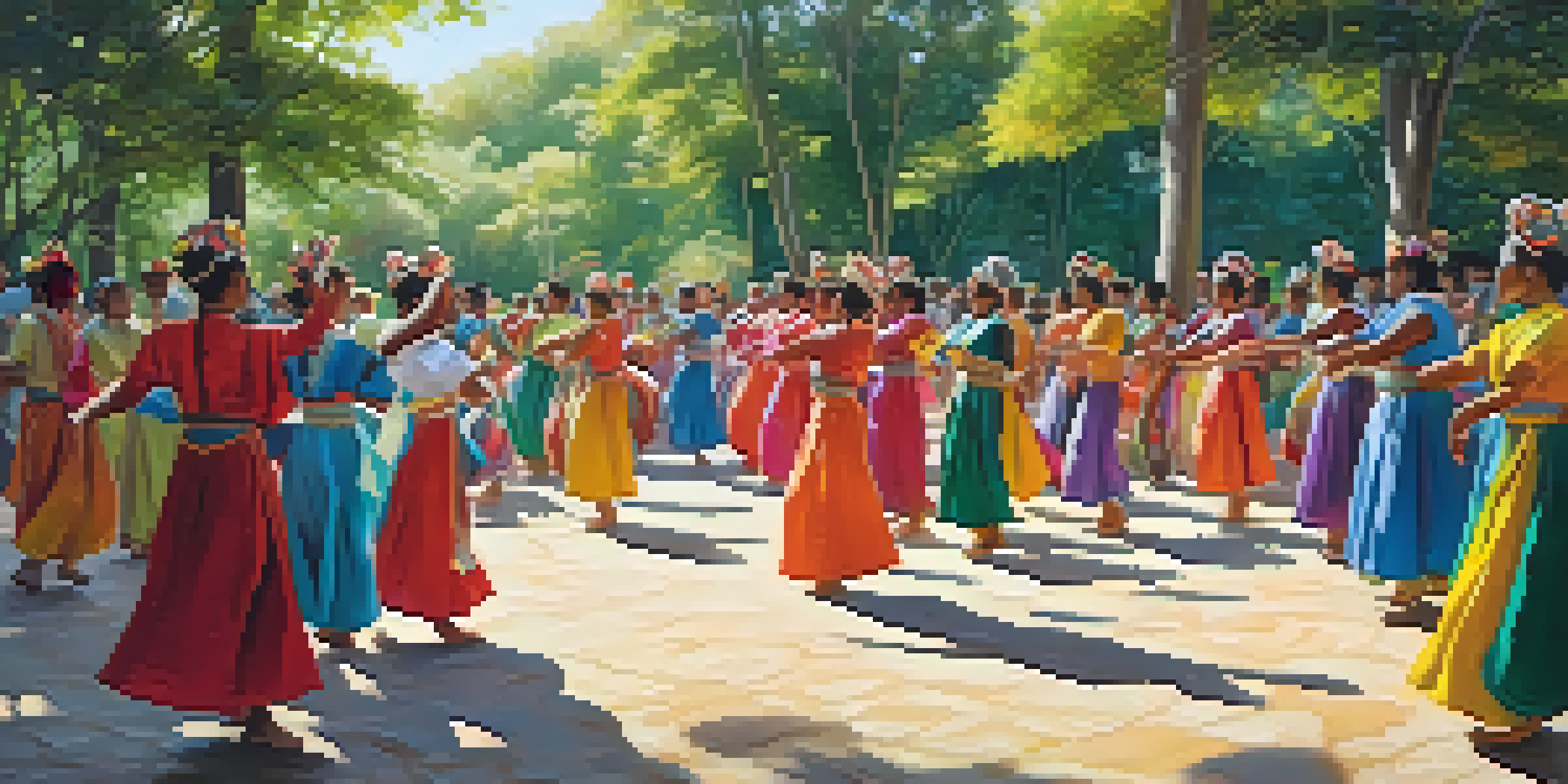 A lively outdoor dance ceremony with dancers in colorful costumes, surrounded by nature. Sunlight filters through trees, creating patterns on the ground.