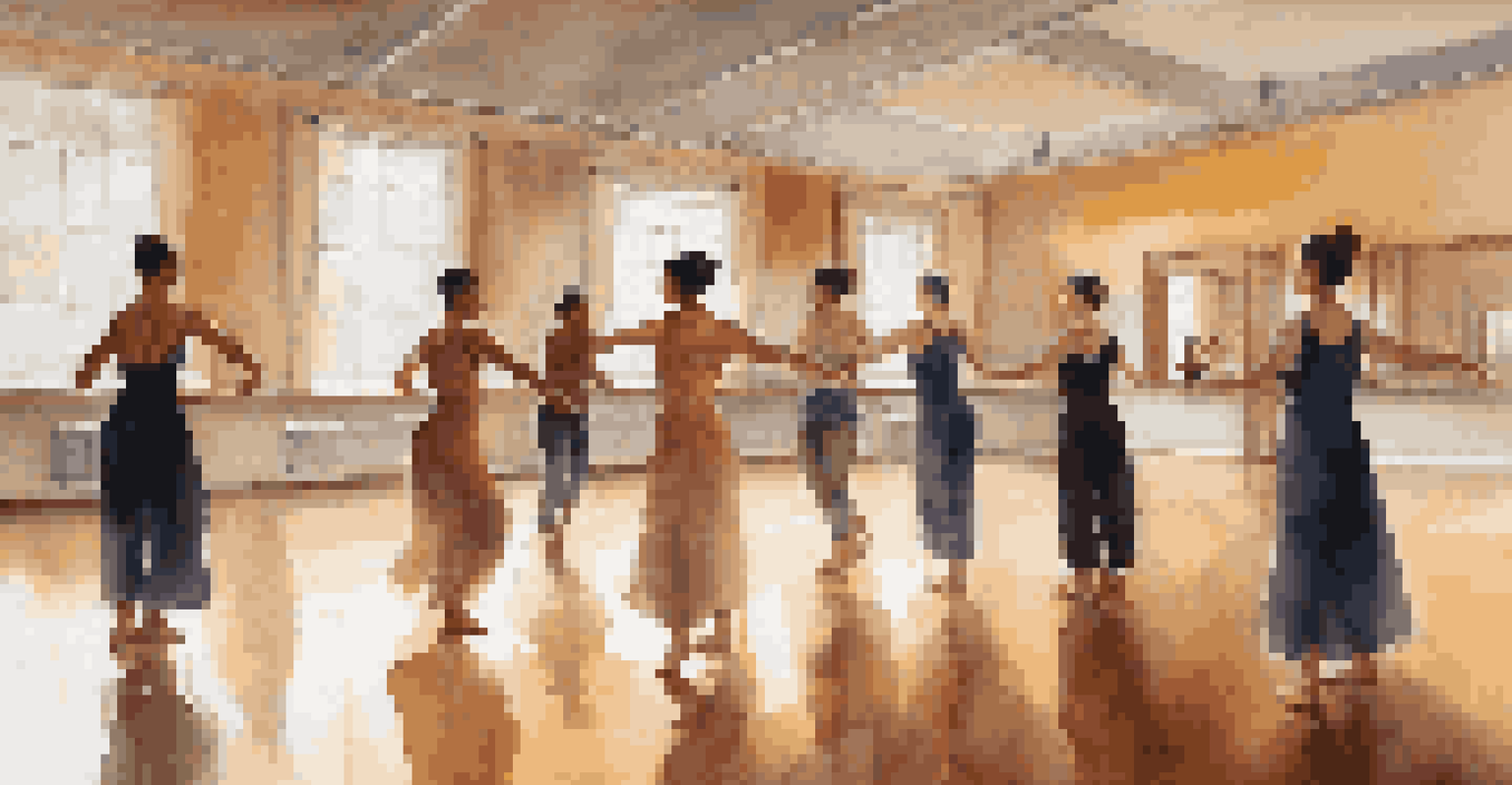 An indoor dance class with a diverse group of people learning traditional dance steps in a well-lit studio with mirrors on the walls.