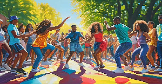 A lively street dance performance in a park with dancers in colorful outfits against a graffiti wall, and an engaged audience watching.