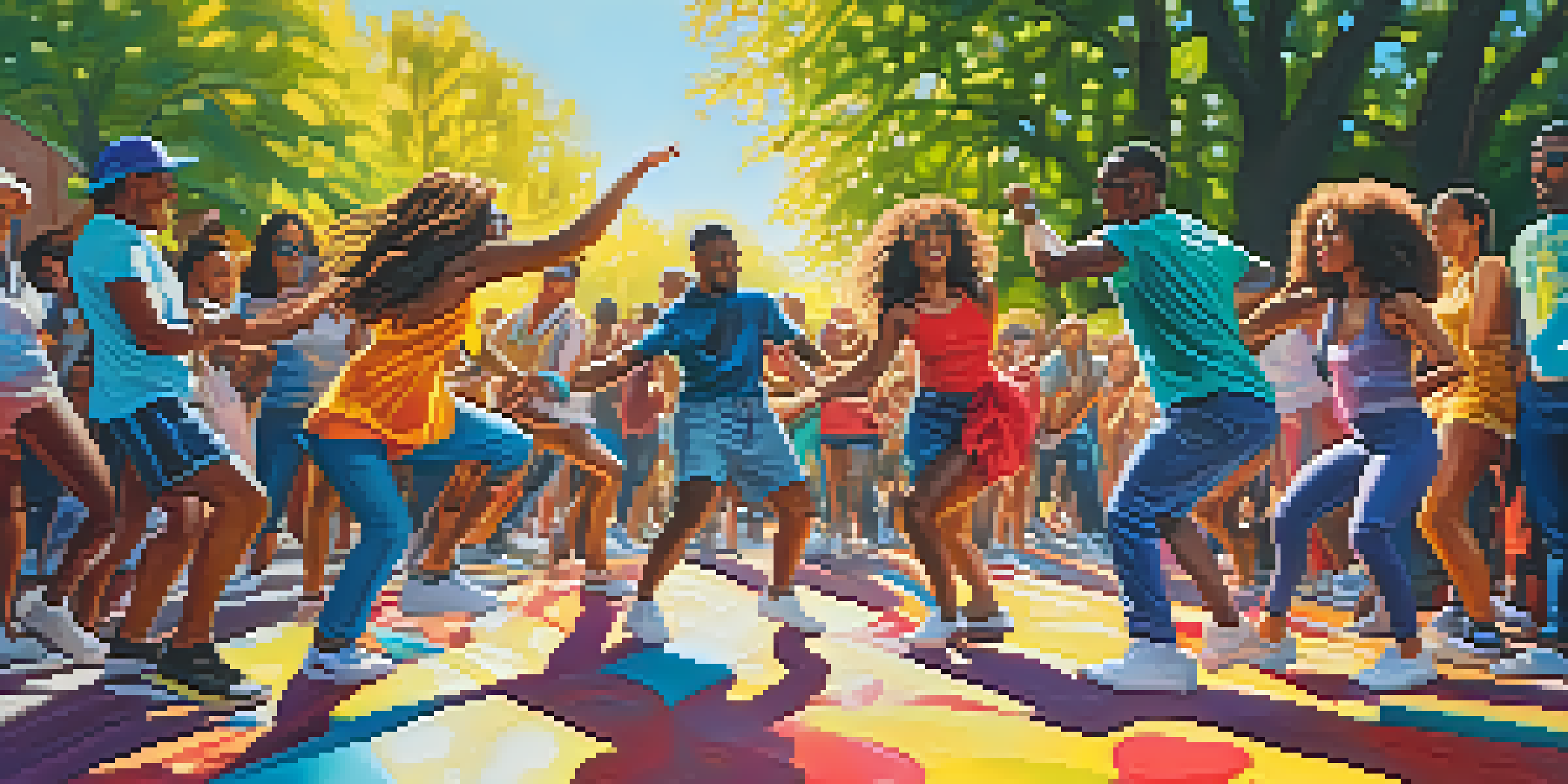 A lively street dance performance in a park with dancers in colorful outfits against a graffiti wall, and an engaged audience watching.