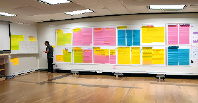 A rehearsal schedule on a whiteboard with colorful sticky notes, showing a bright rehearsal space with performers in the background.
