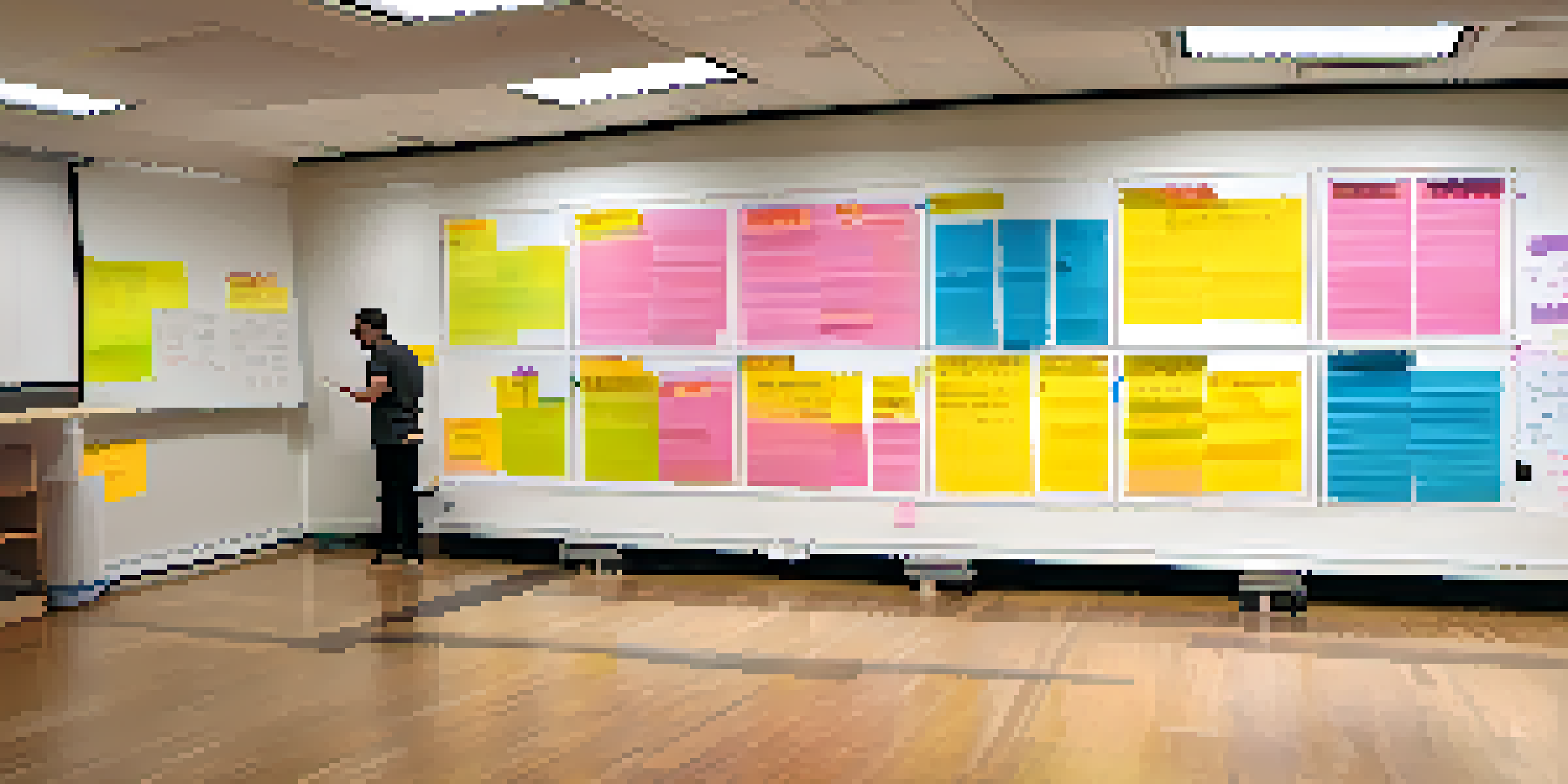 A rehearsal schedule on a whiteboard with colorful sticky notes, showing a bright rehearsal space with performers in the background.
