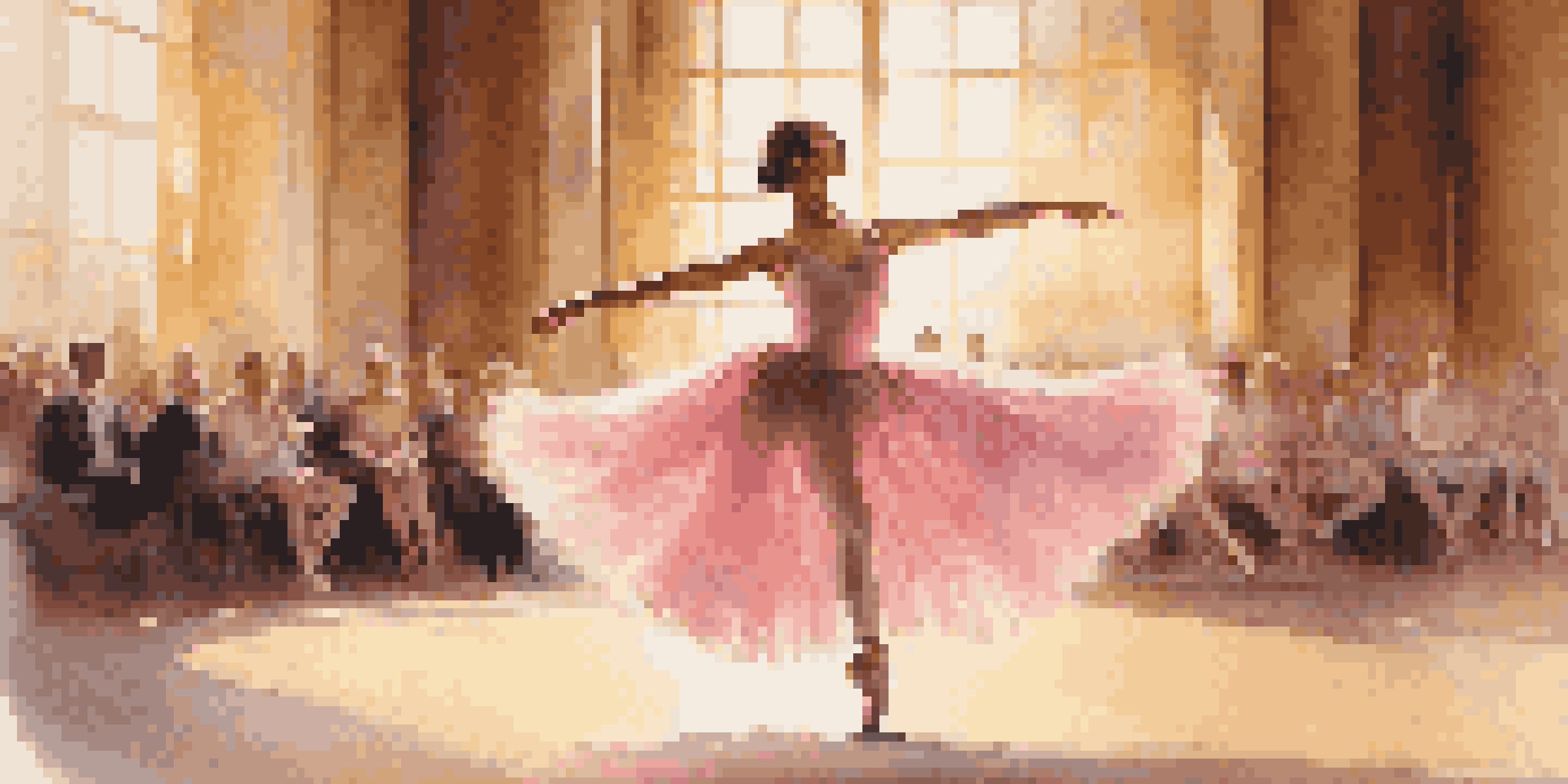 A ballet dancer in a pink tutu performing a leap on stage, with sunlight and an audience in the background.