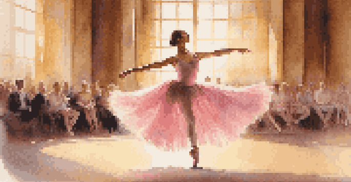 A ballet dancer in a pink tutu performing a leap on stage, with sunlight and an audience in the background.